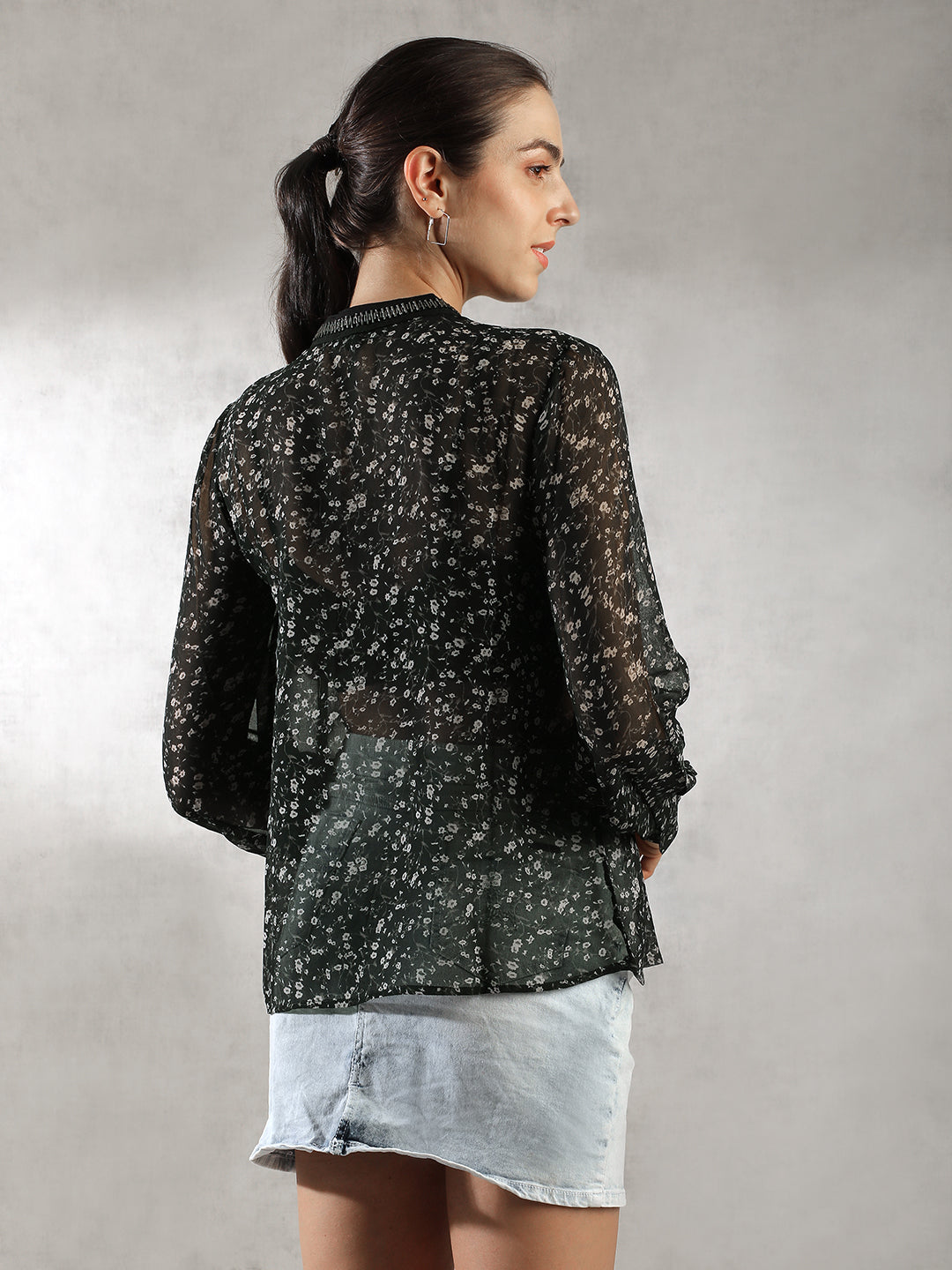 Women Black Printed Sheer Top