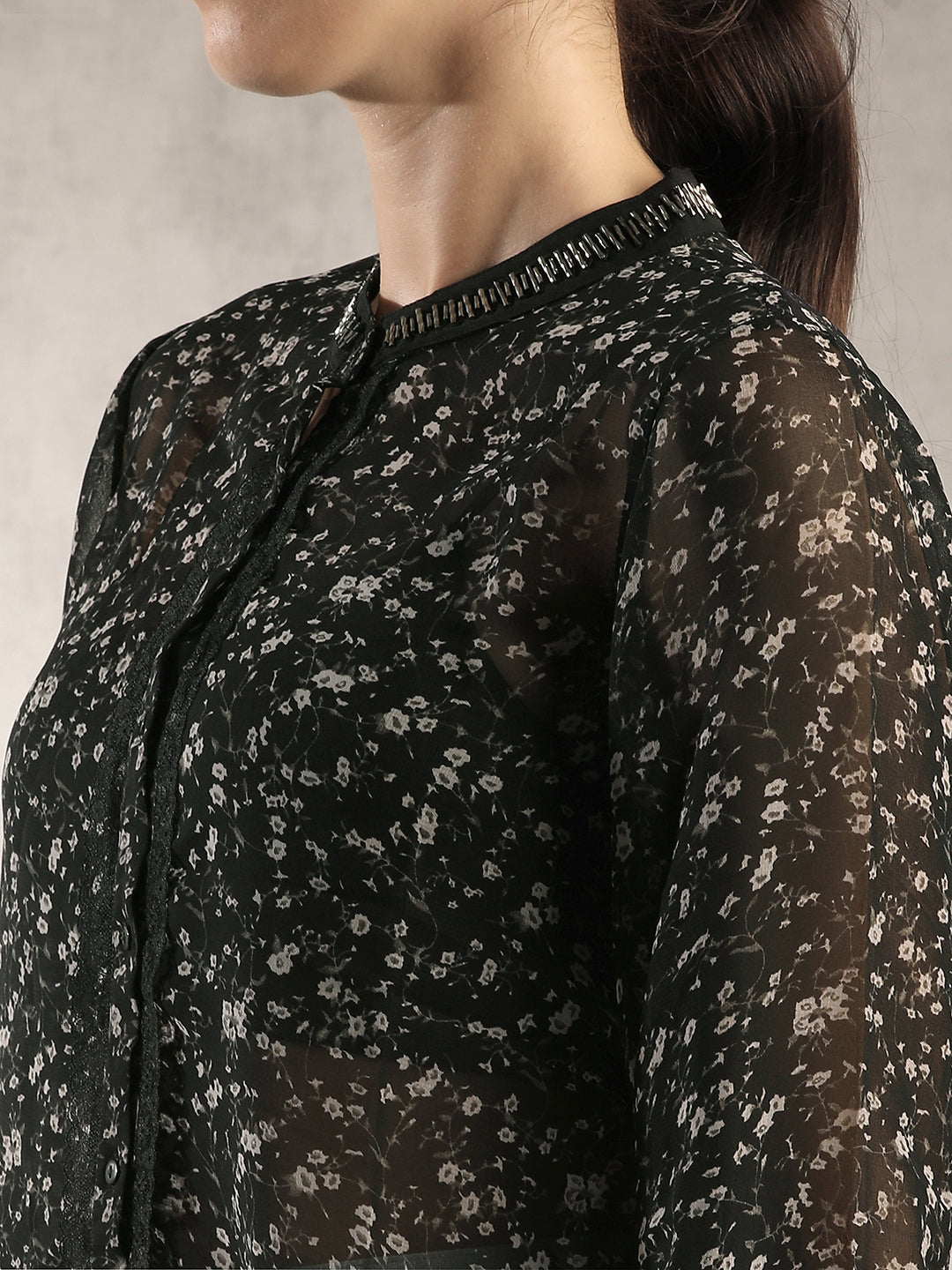 Women Black Printed Sheer Top