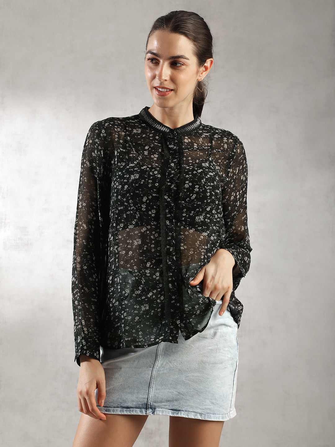 Women Black Printed Sheer Top