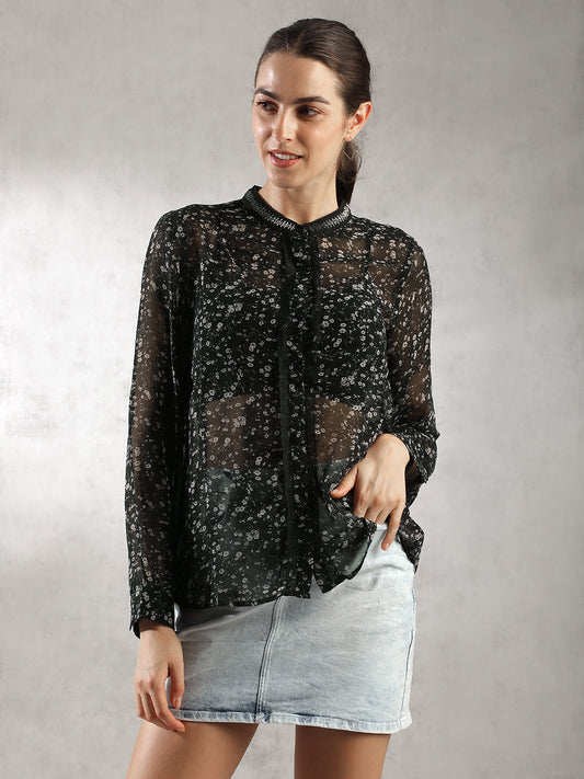 Women Black Printed Sheer Top
