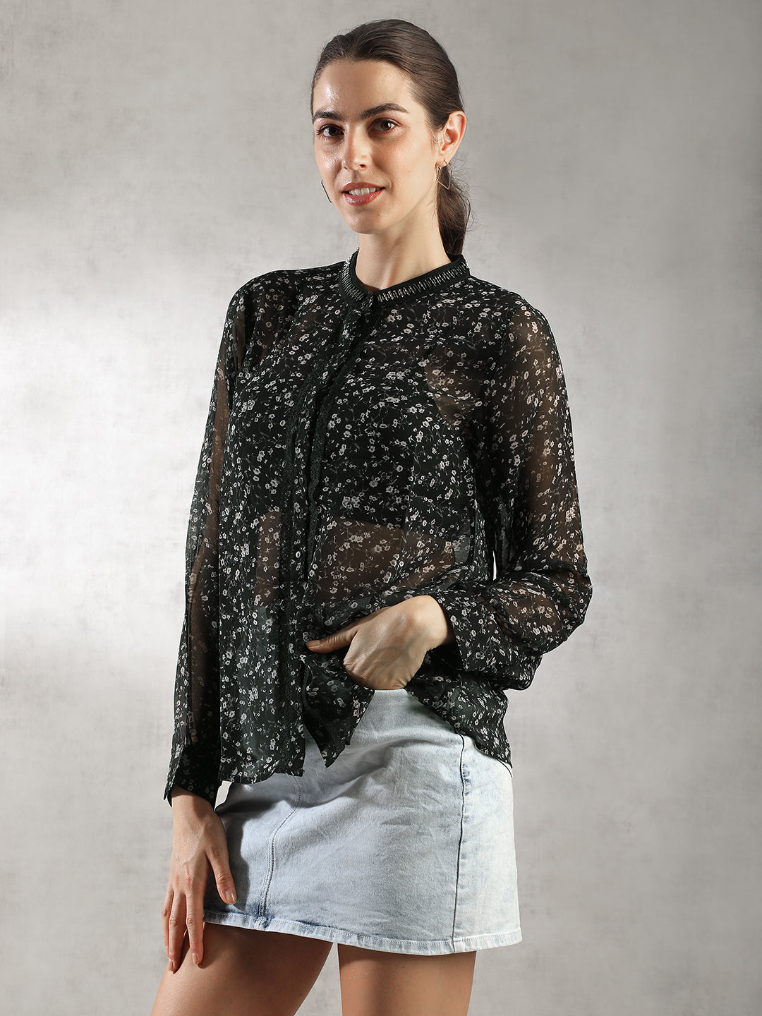 Women Black Printed Sheer Top
