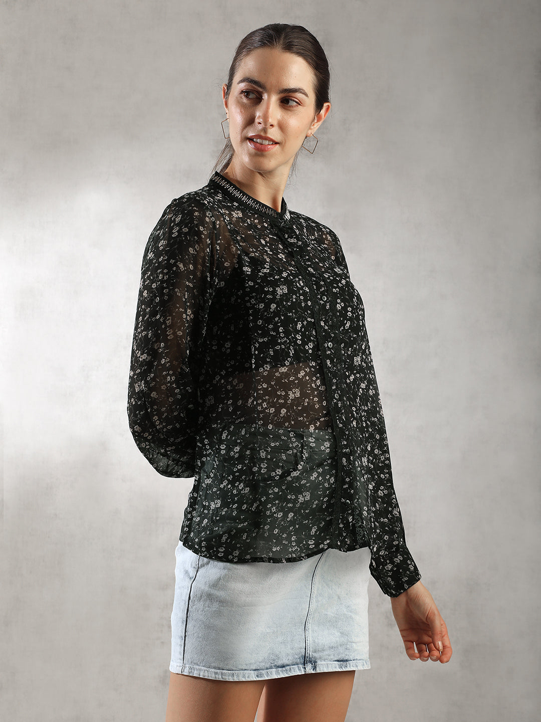 Women Black Printed Sheer Top