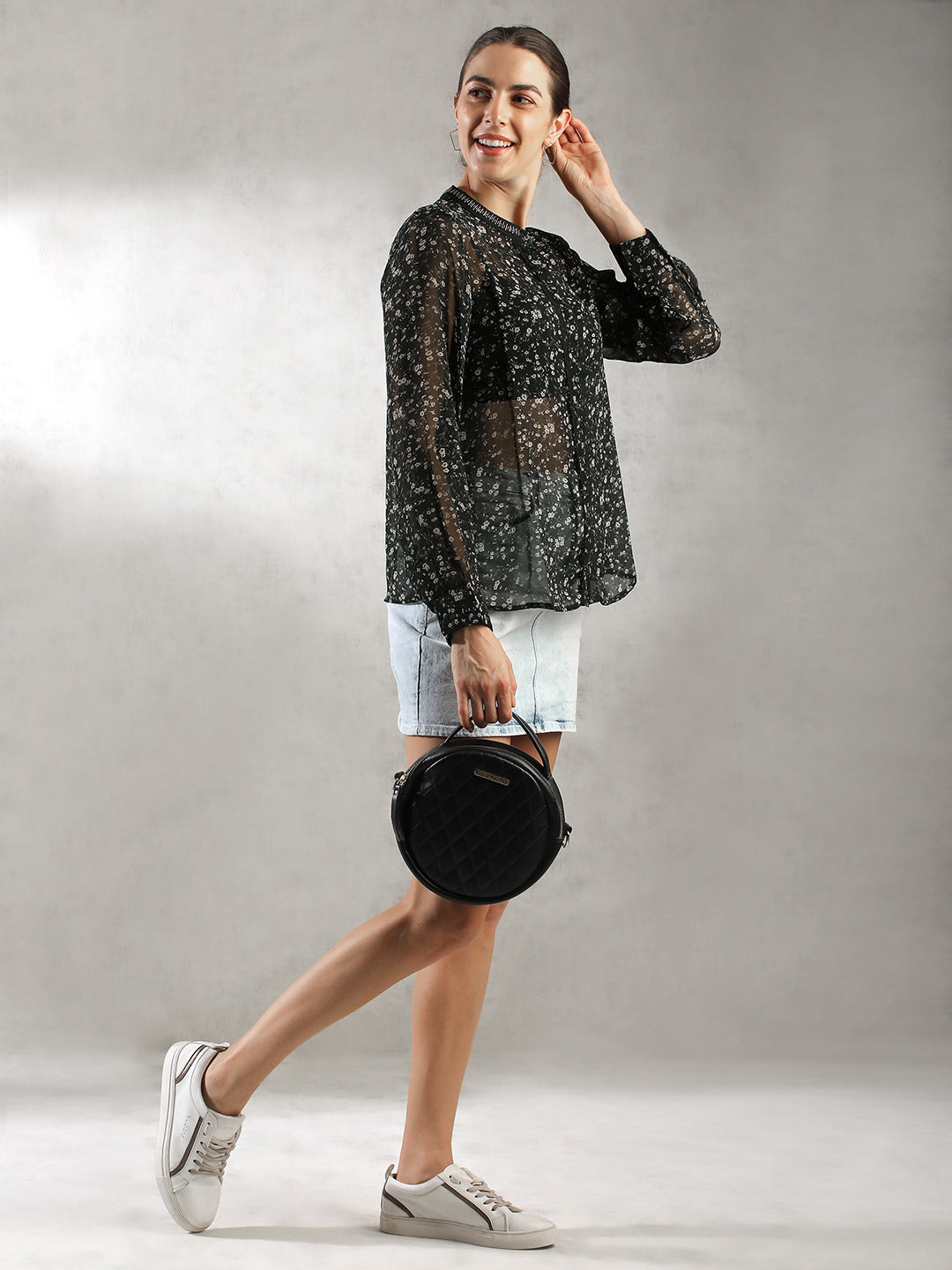 Women Black Printed Sheer Top
