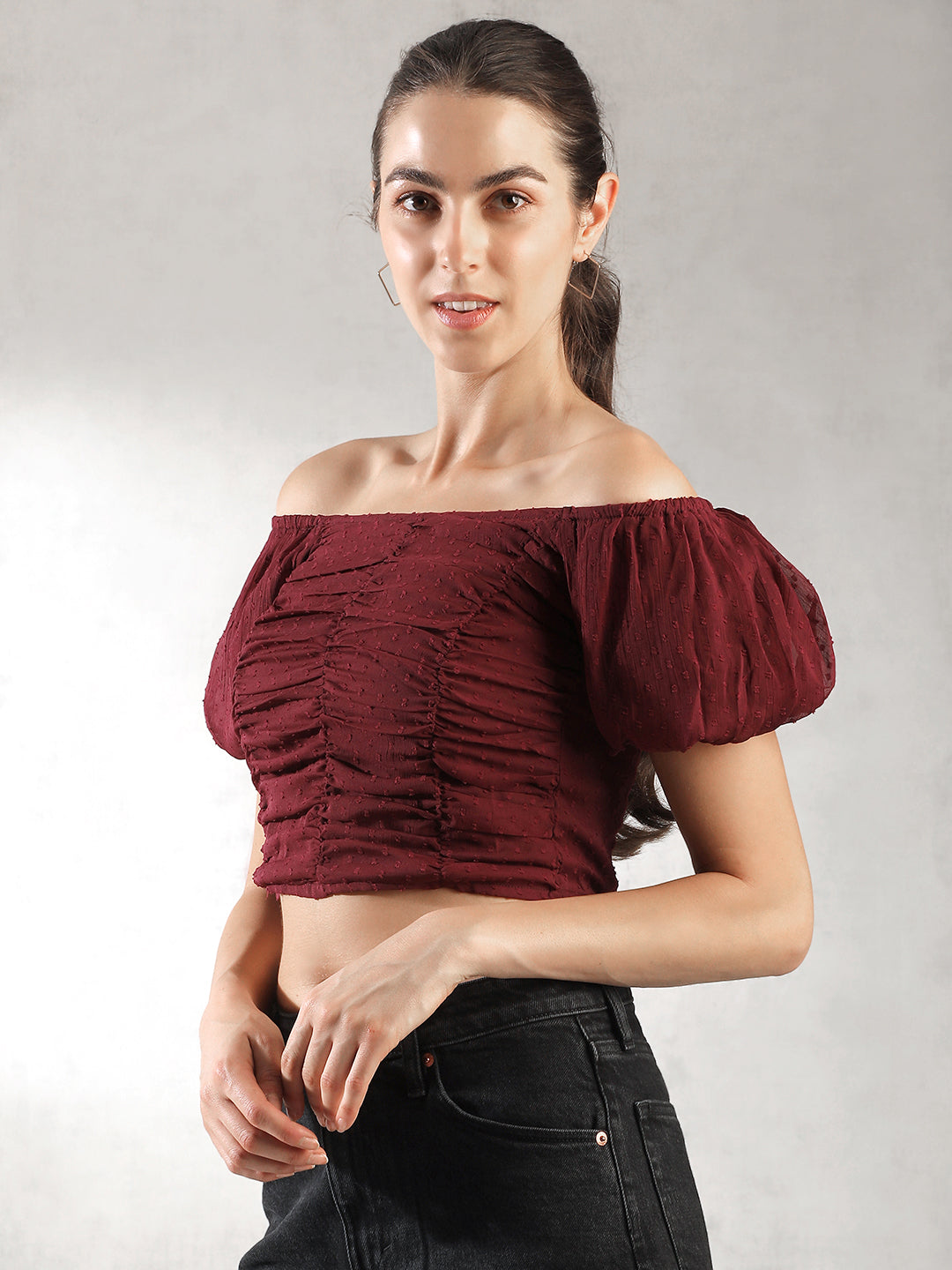 Women Maroon Fitted Crop Top