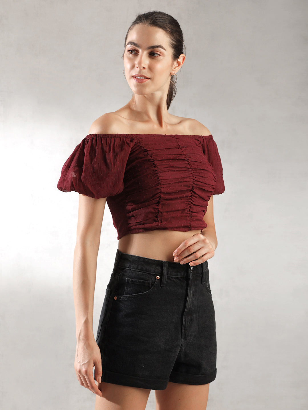 Women Maroon Fitted Crop Top