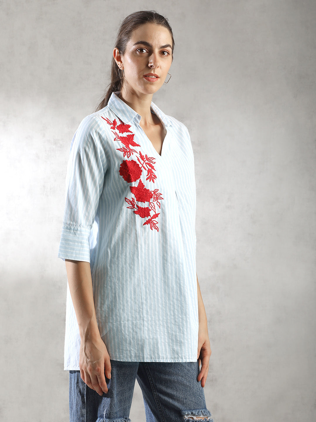 Women Blue Embroidered Shirt