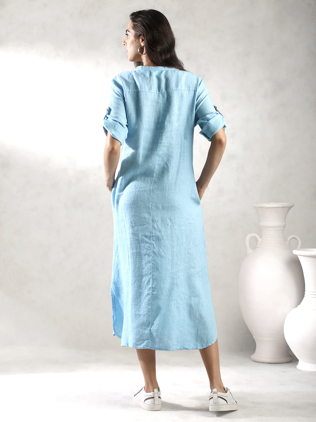 Women Blue Comfort Fit Linen Dress