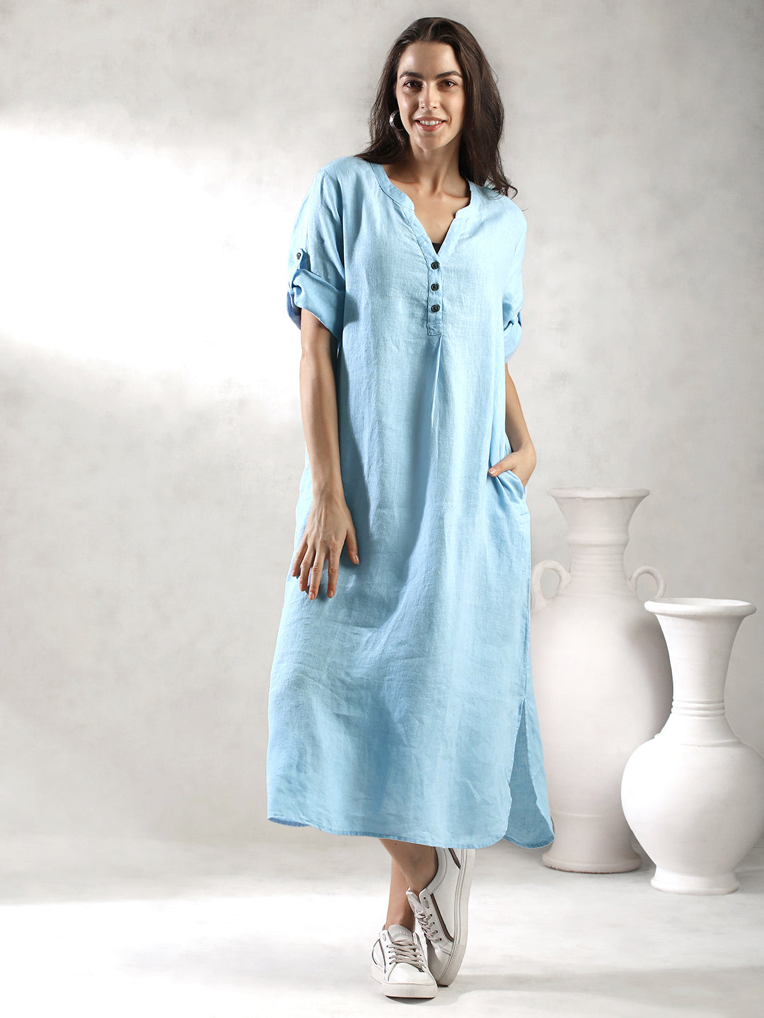 Women Blue Comfort Fit Linen Dress
