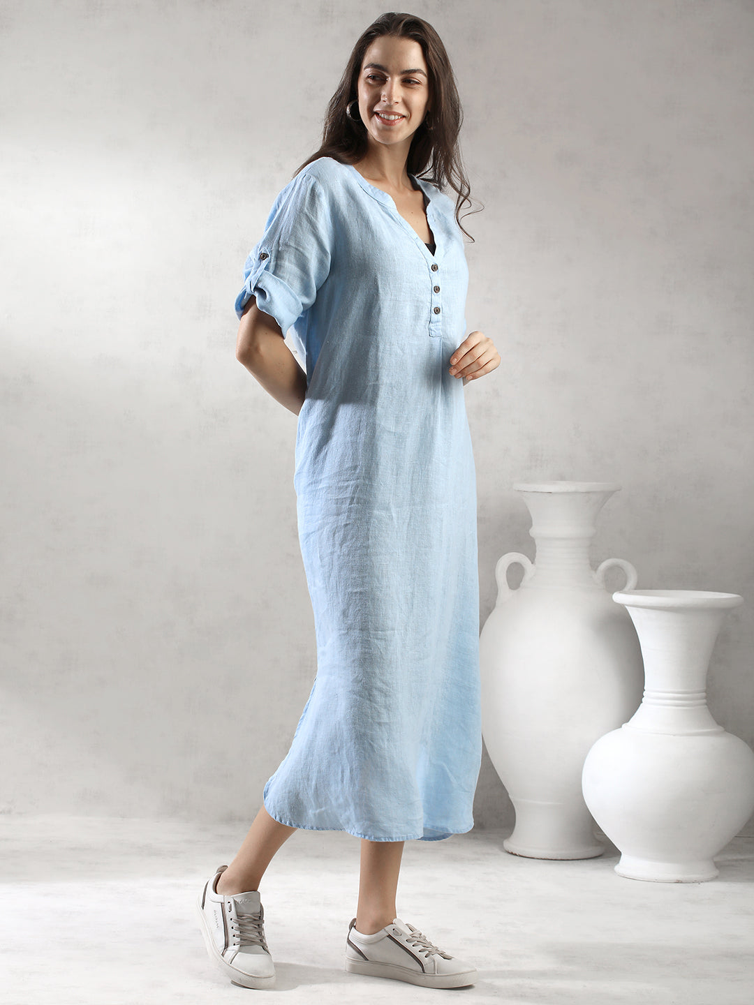 Women Blue Comfort Fit Linen Dress