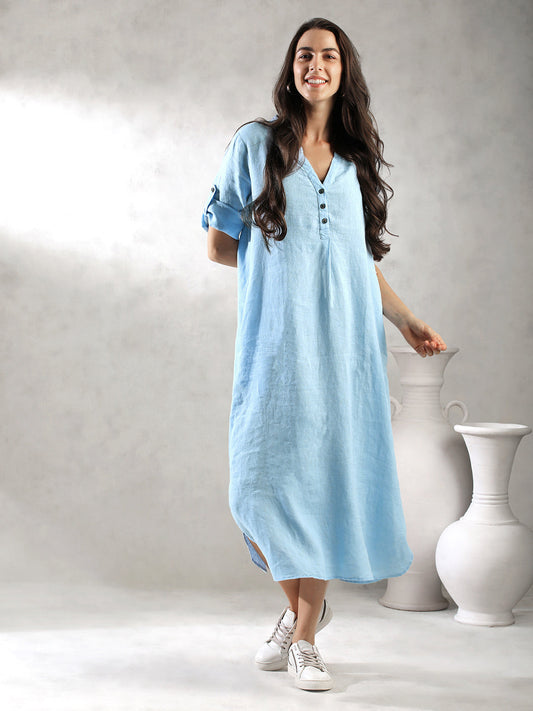 Women Blue Comfort Fit Linen Dress
