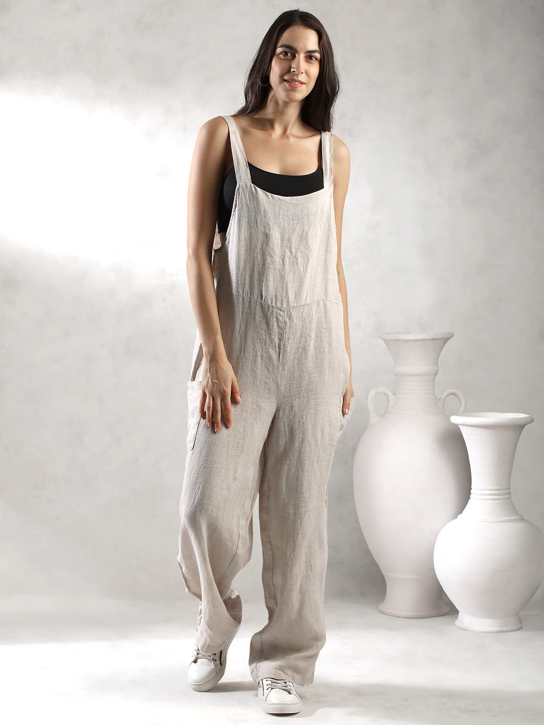 Women Grey Comfort Fit Linen Jumpsuit