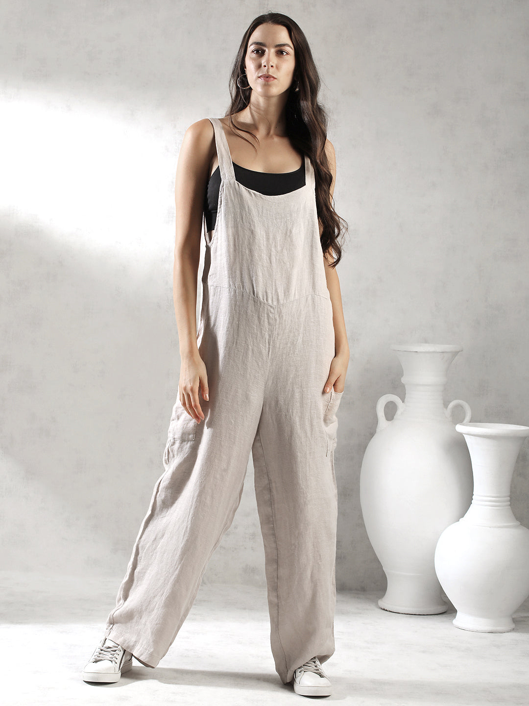 Women Grey Comfort Fit Linen Jumpsuit