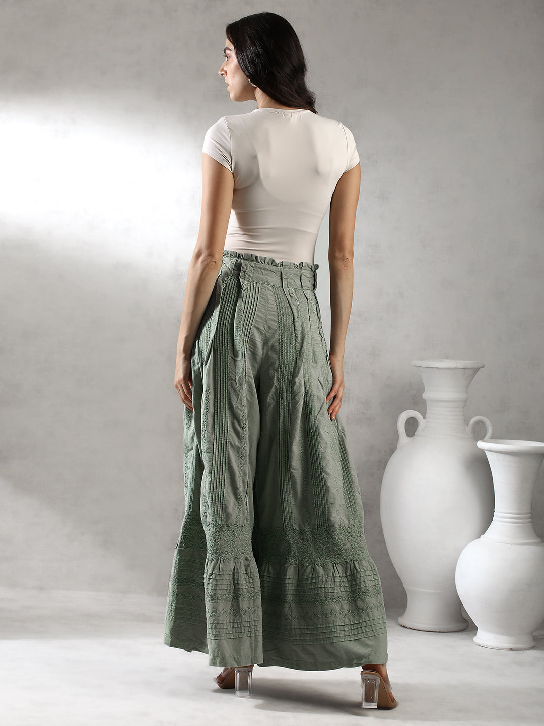 Women Green Boho Flared Pants