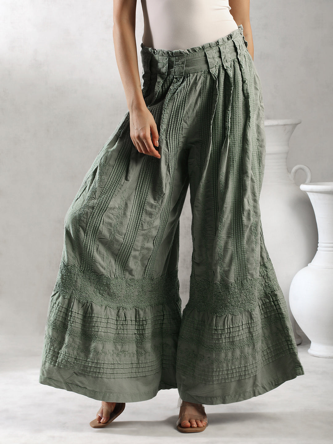Women Green Boho Flared Pants
