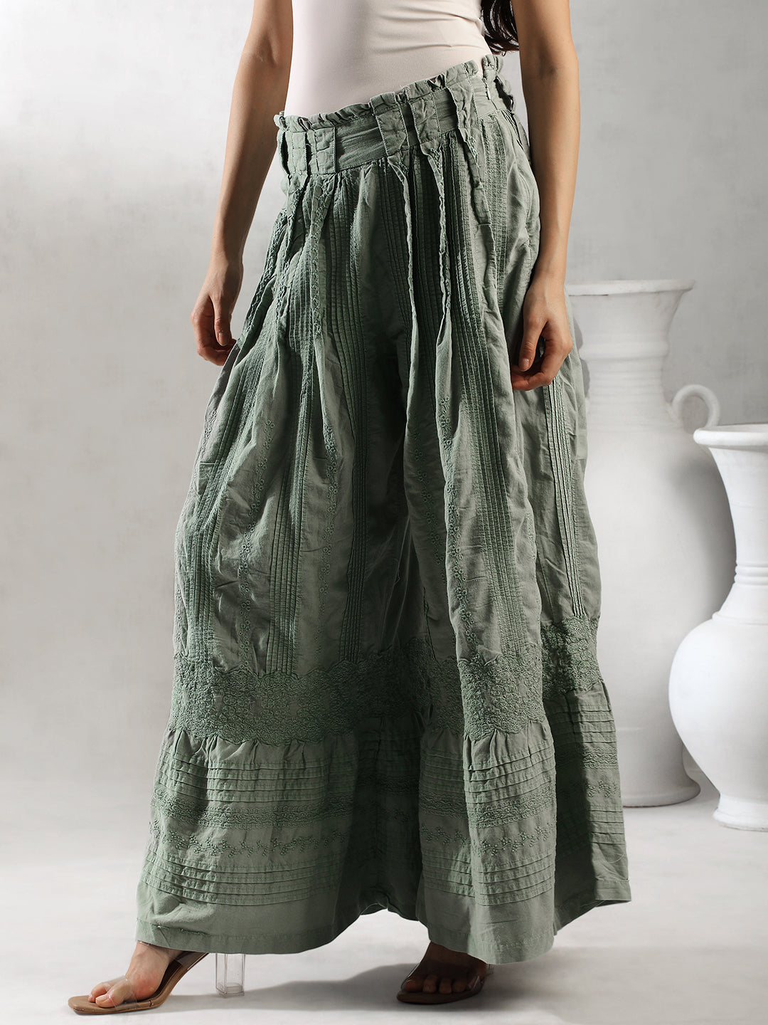 Women Green Boho Flared Pants