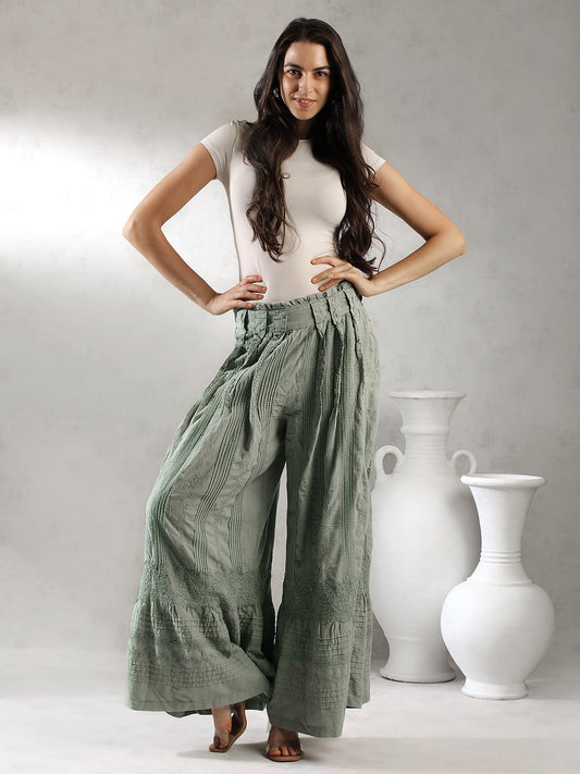 Women Green Boho Flared Pants