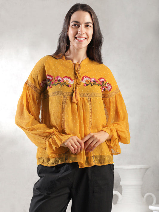 Women Mustard Self Design Textured Top