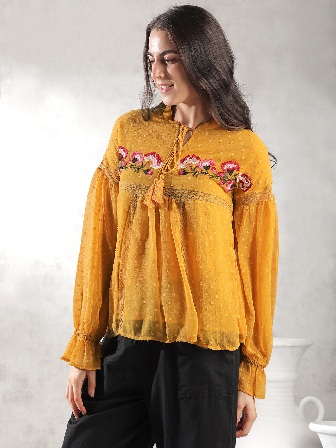 Women Mustard Self Design Textured Top