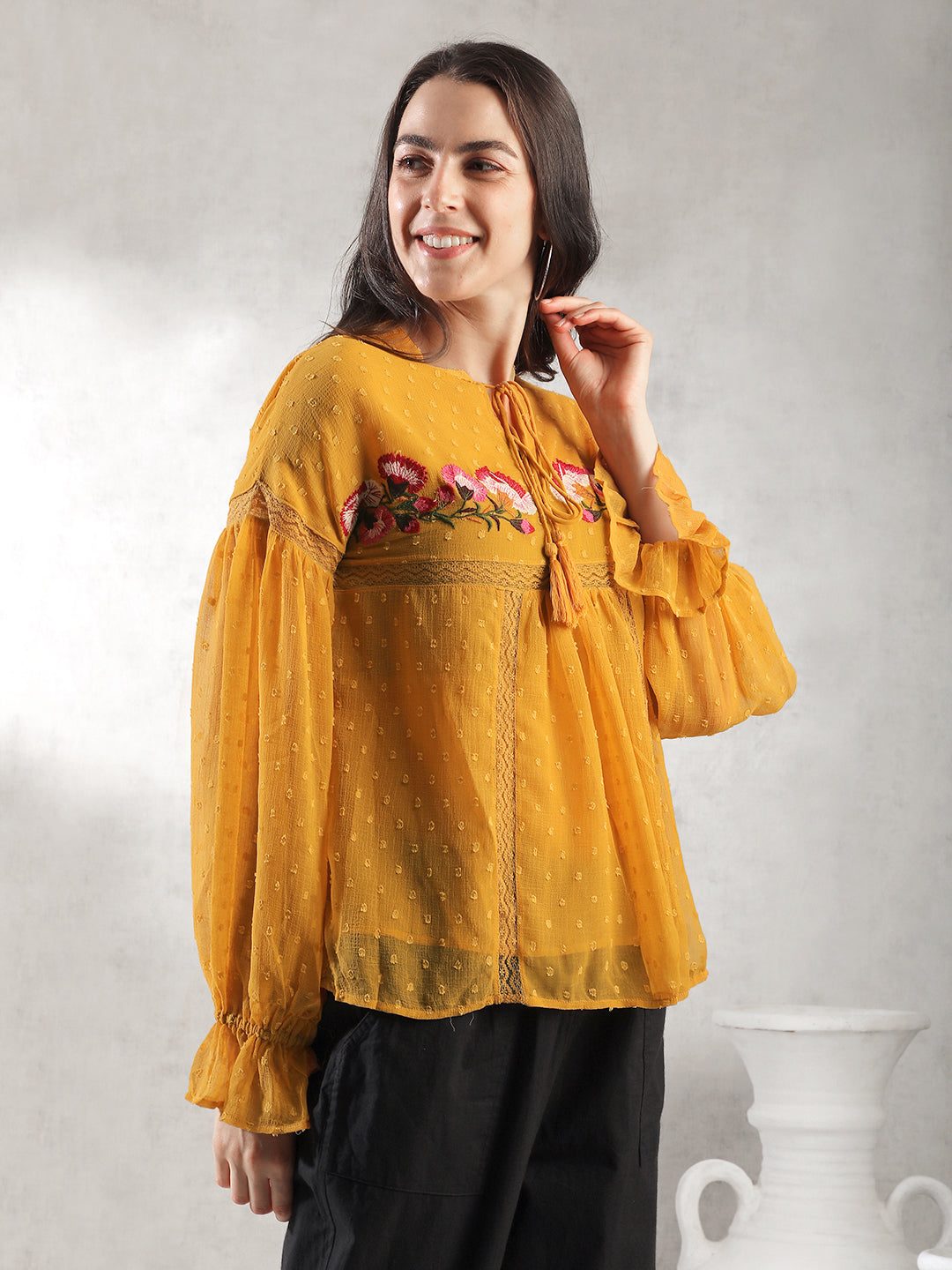 Women Mustard Self Design Textured Top