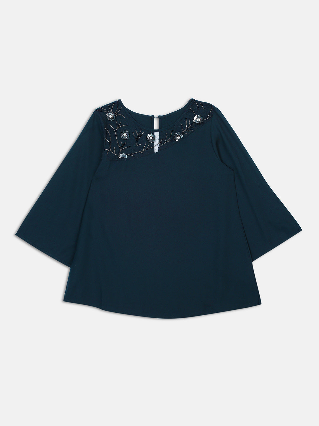 Women Navy A-Line Sheer Neck Top