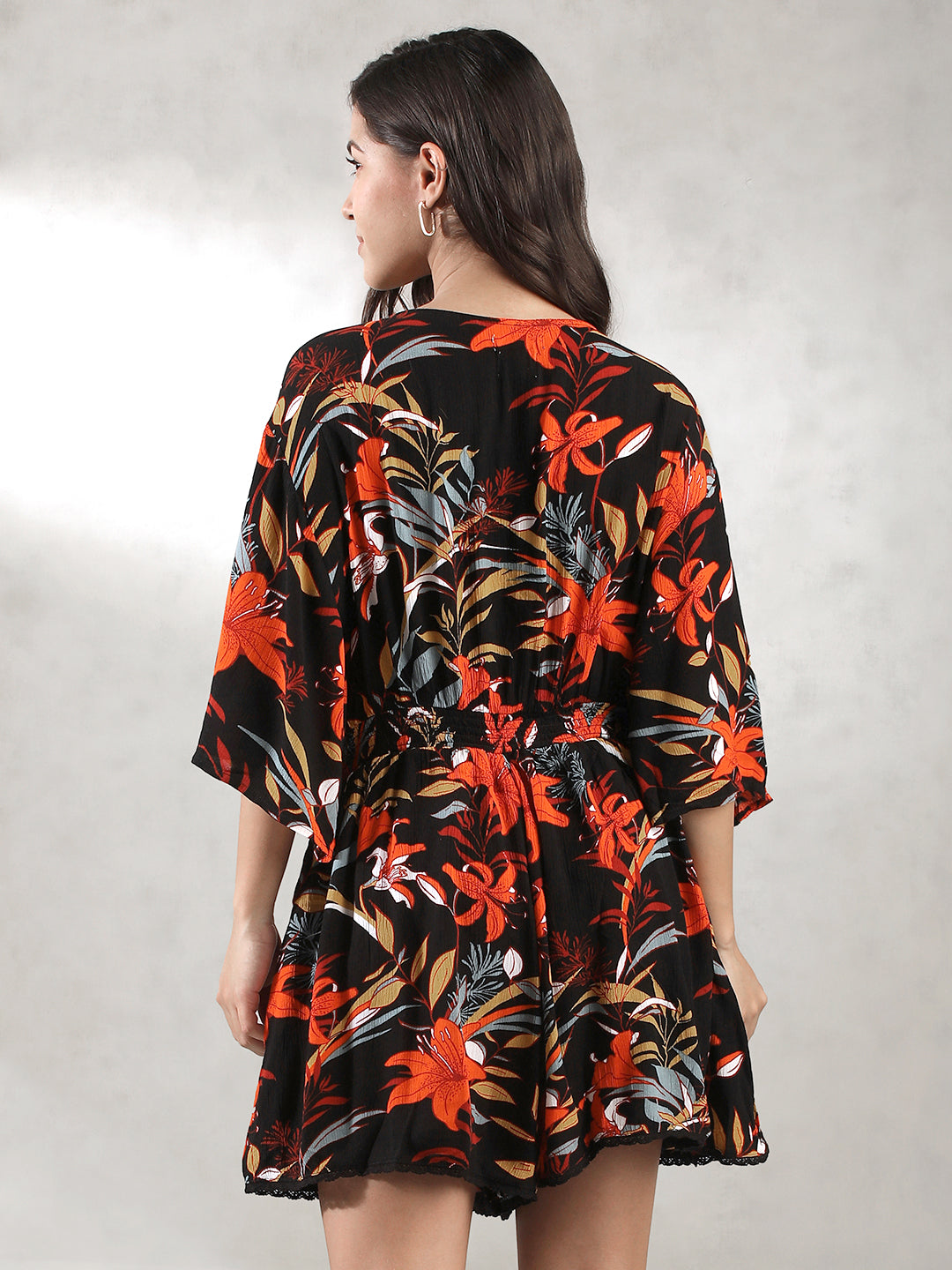 Women Black Tropical Print Romper