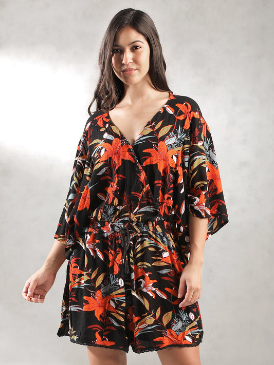Women Black Tropical Print Romper