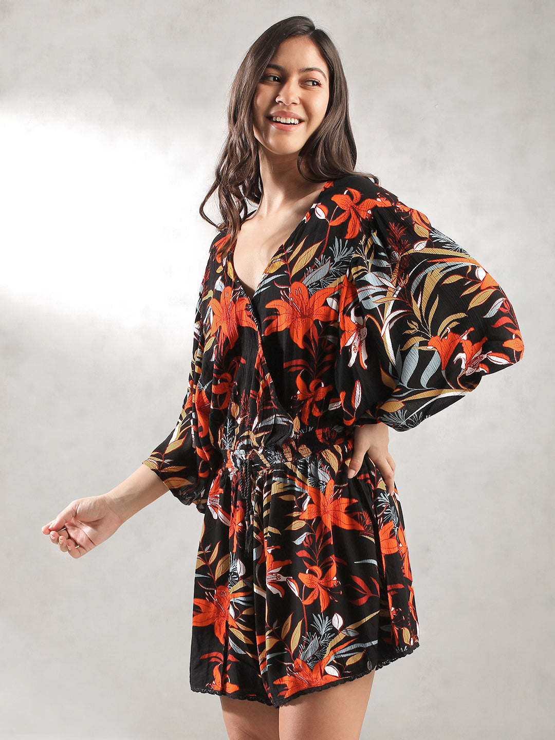 Women Black Tropical Print Romper