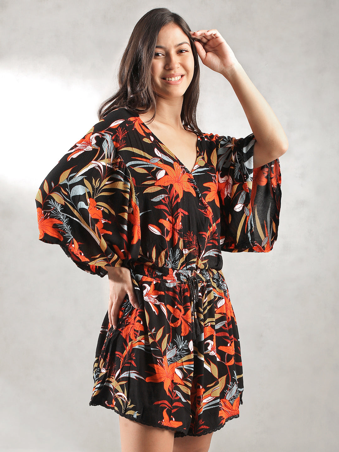 Women Black Tropical Print Romper