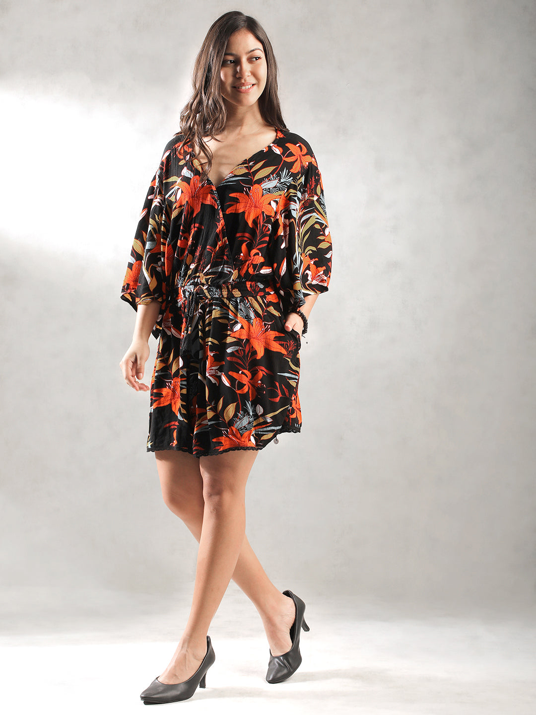 Women Black Tropical Print Romper