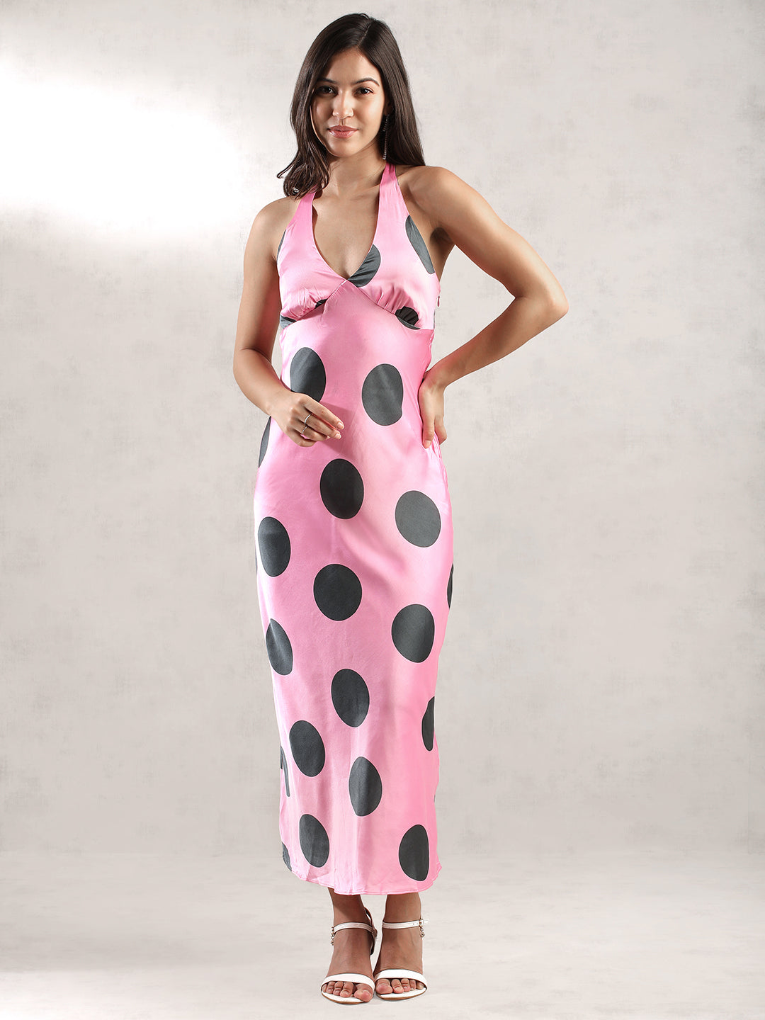 Women Pink Polka Dot Maxi Dress