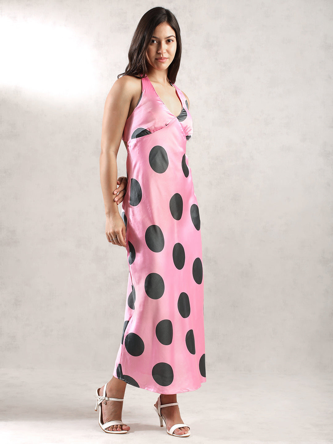 Women Pink Polka Dot Maxi Dress