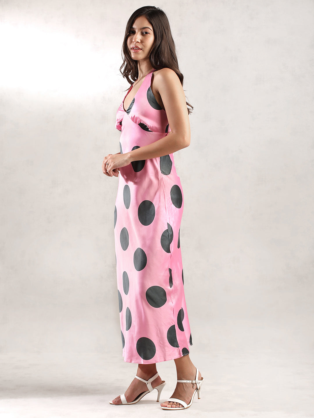 Women Pink Polka Dot Maxi Dress