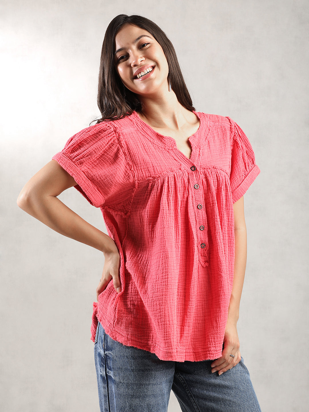 Women Pink Double Cloth Top