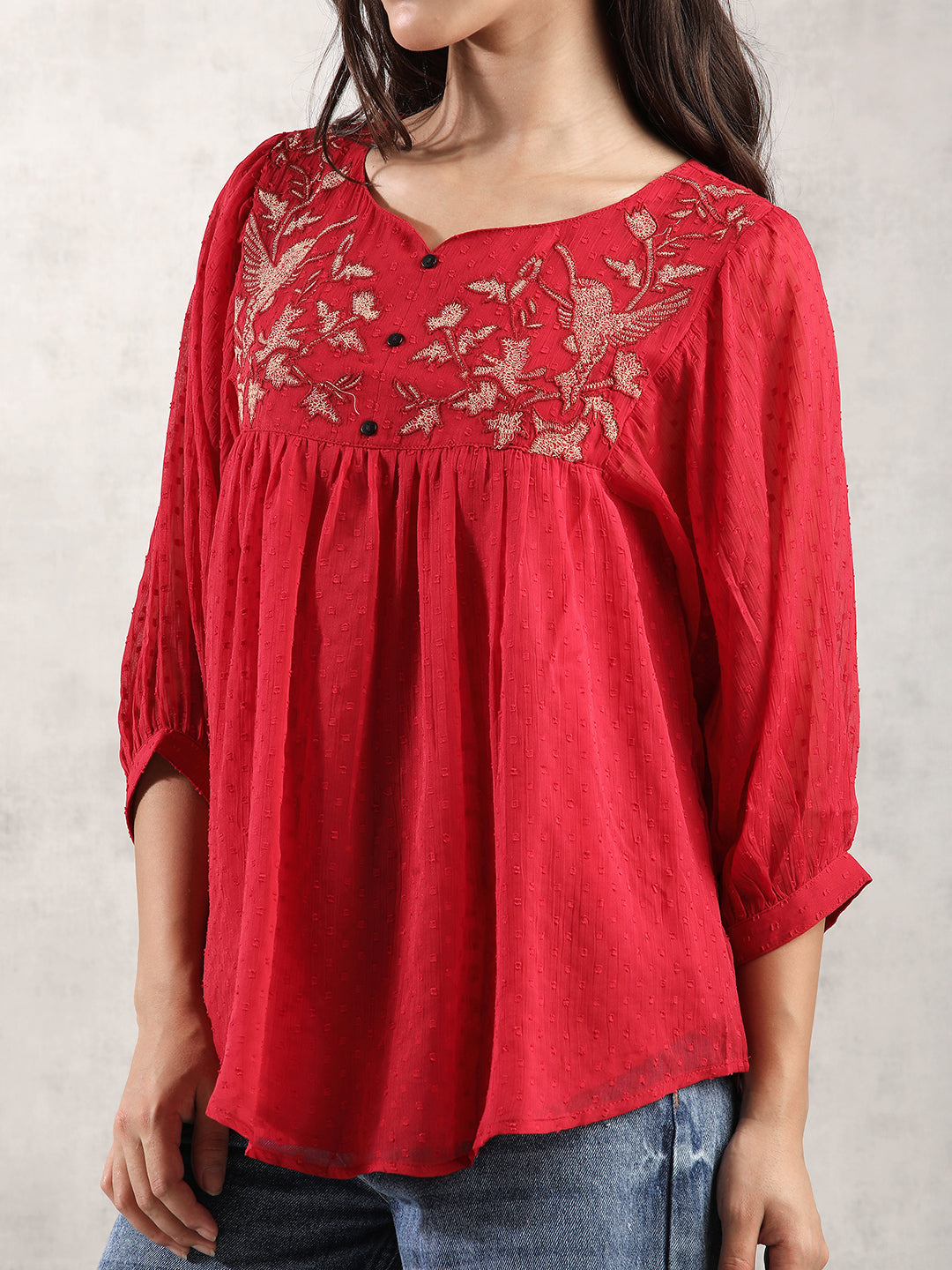 Women Red Textured Regular Fit Top