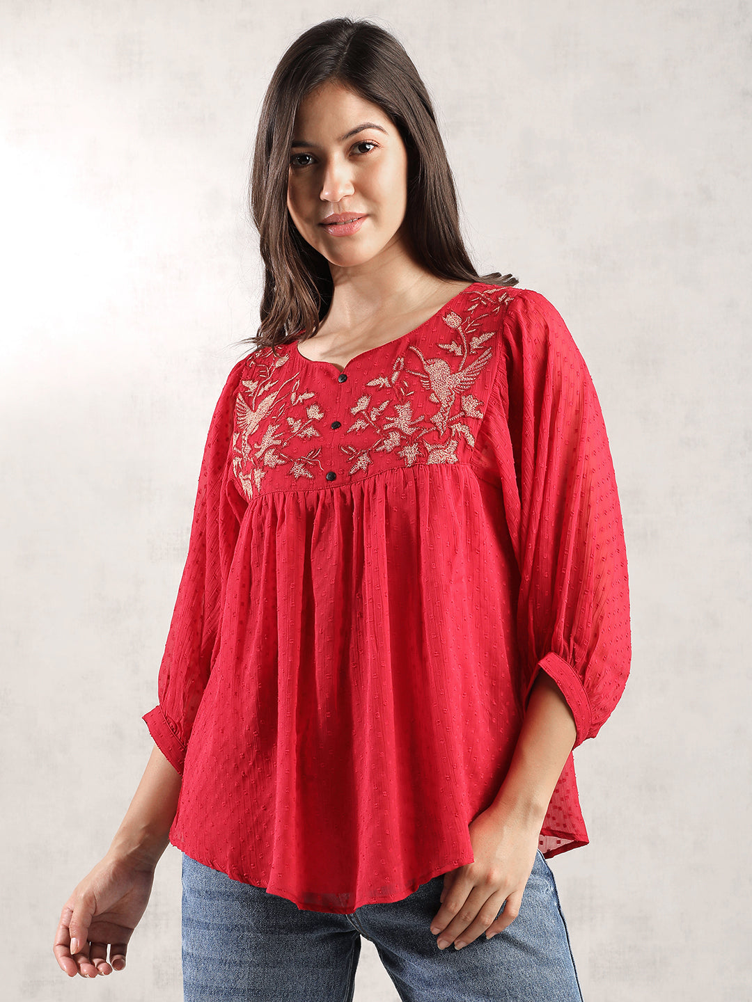 Women Red Textured Regular Fit Top