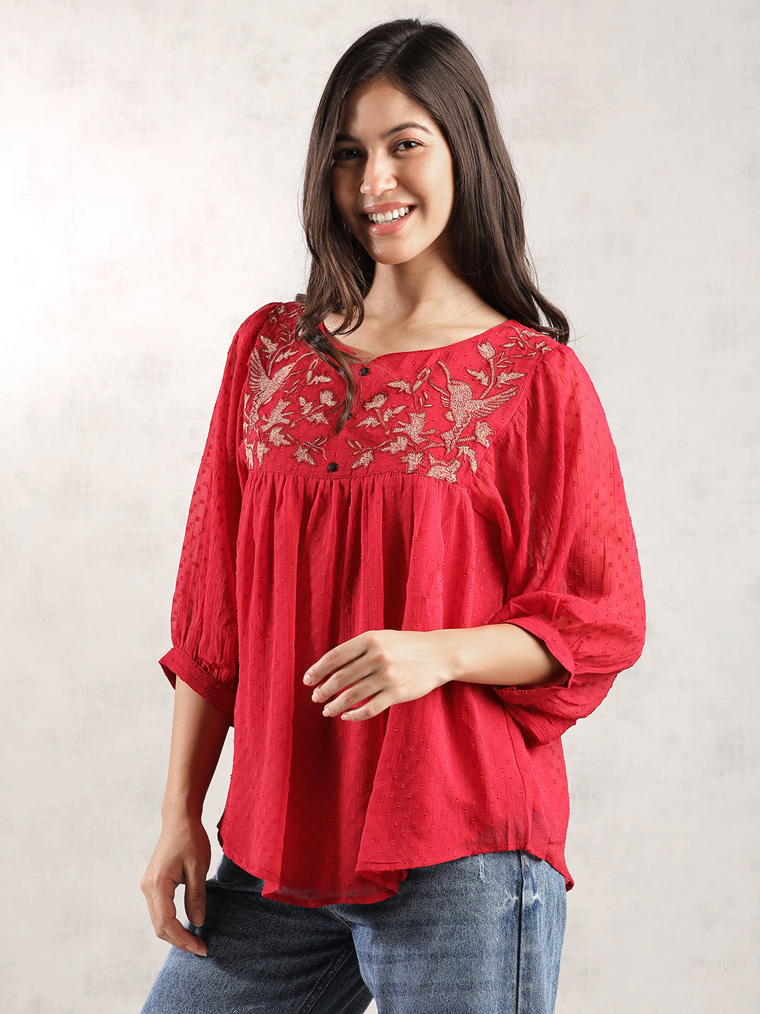 Women Red Textured Regular Fit Top