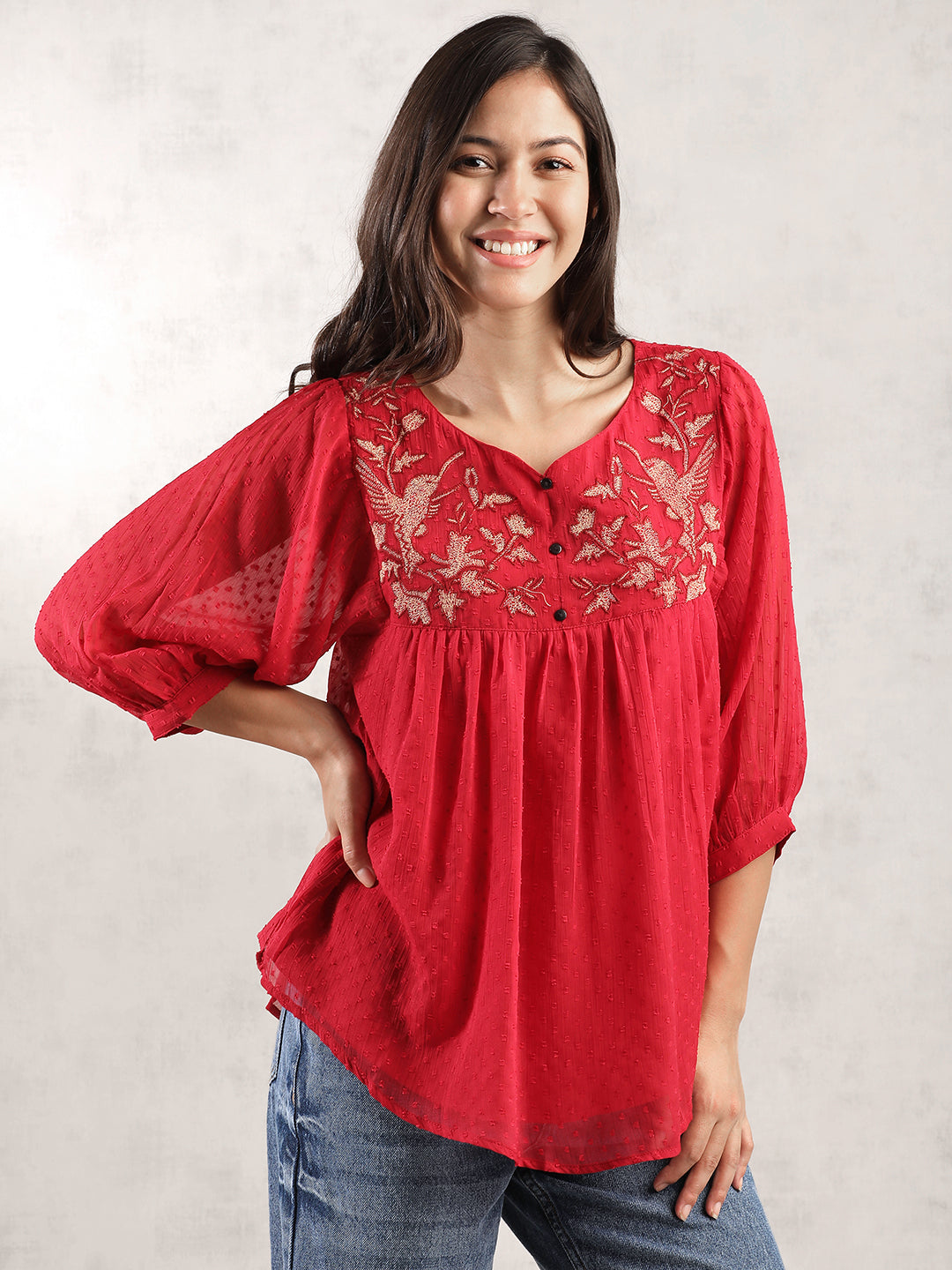 Women Red Textured Regular Fit Top