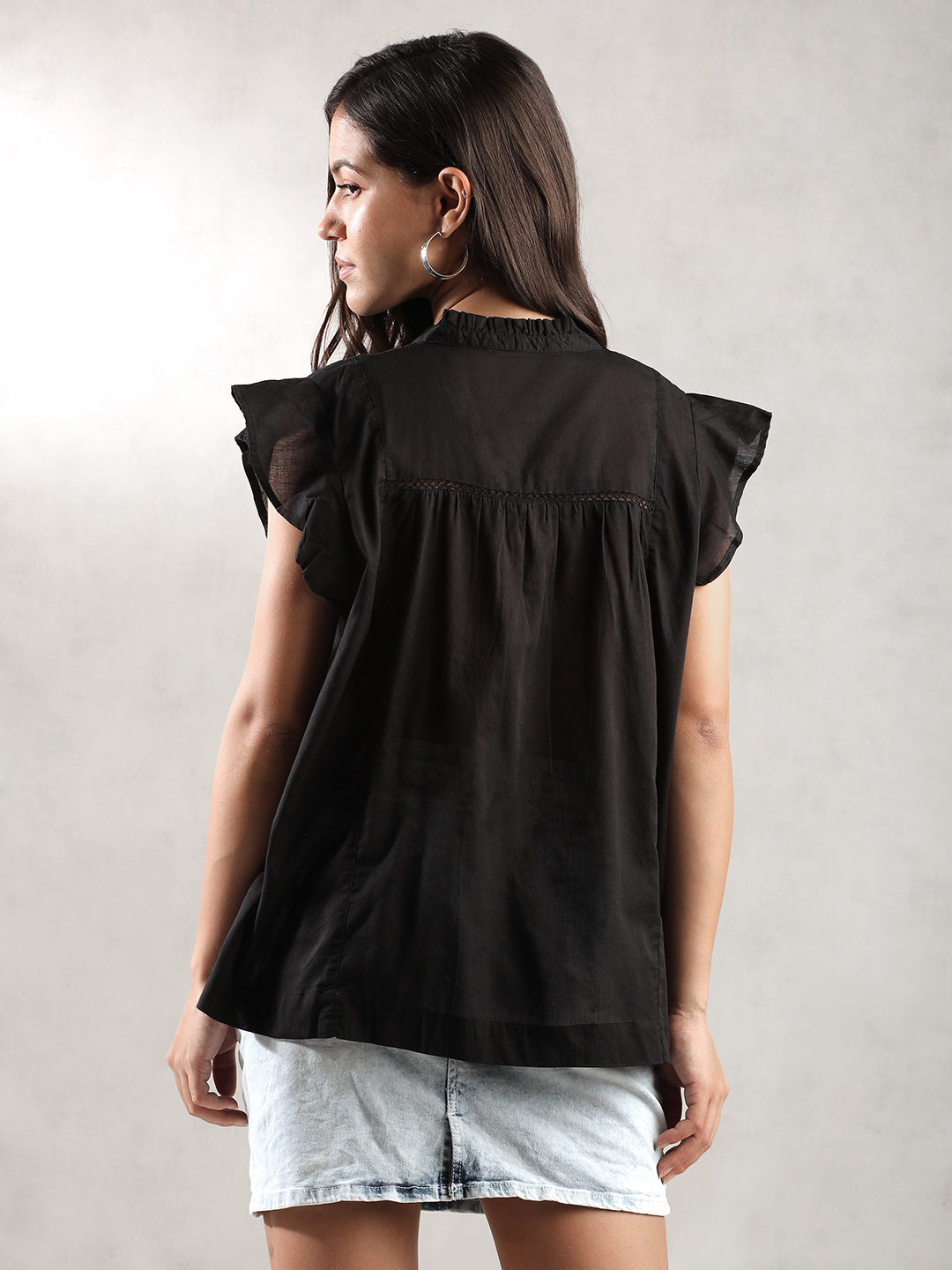 Women Black Mandarin Collar Top