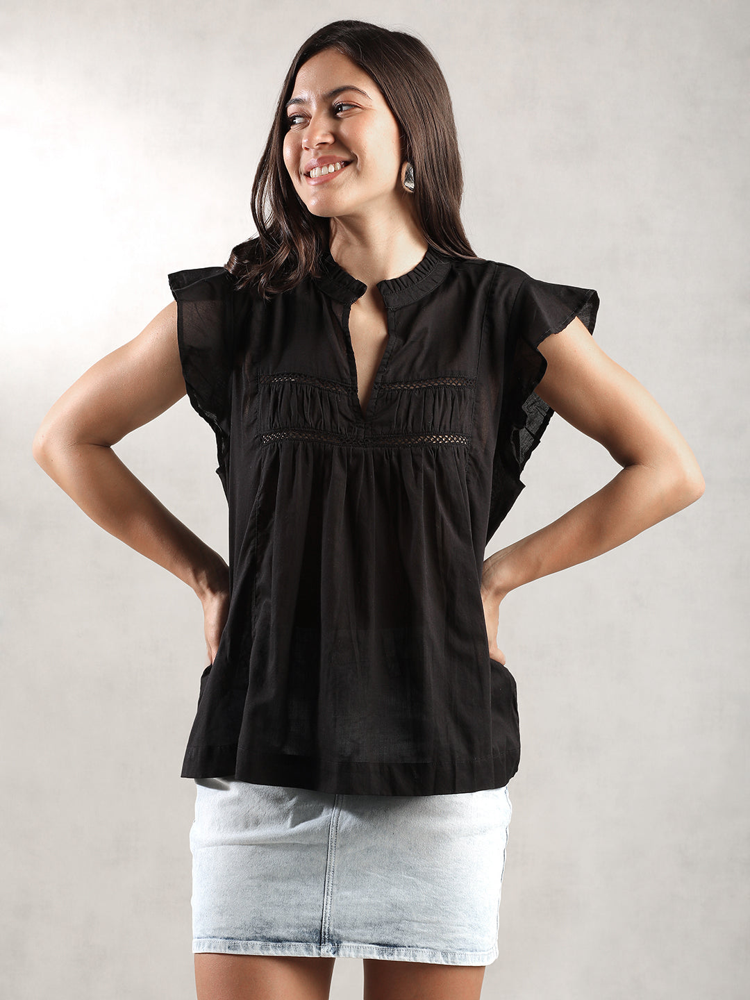 Women Black Mandarin Collar Top