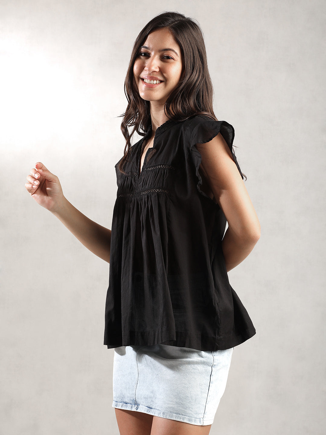 Women Black Mandarin Collar Top
