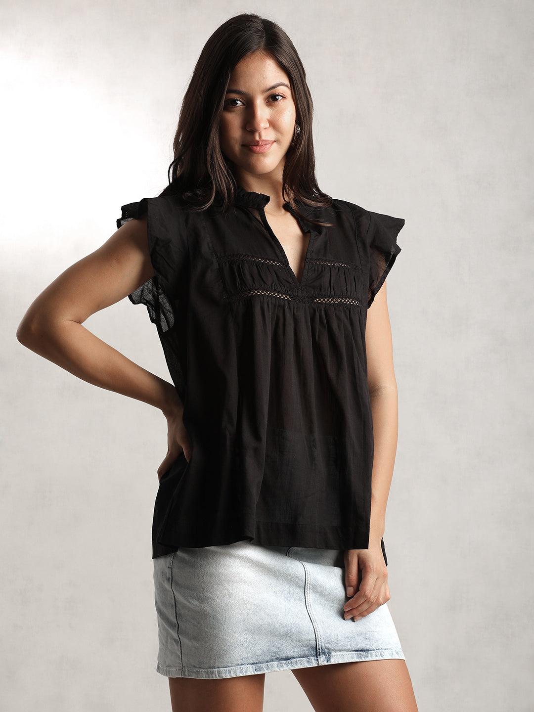 Women Black Mandarin Collar Top
