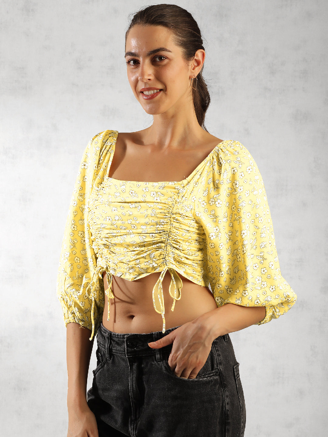Women Yellow Fitted Crop Top