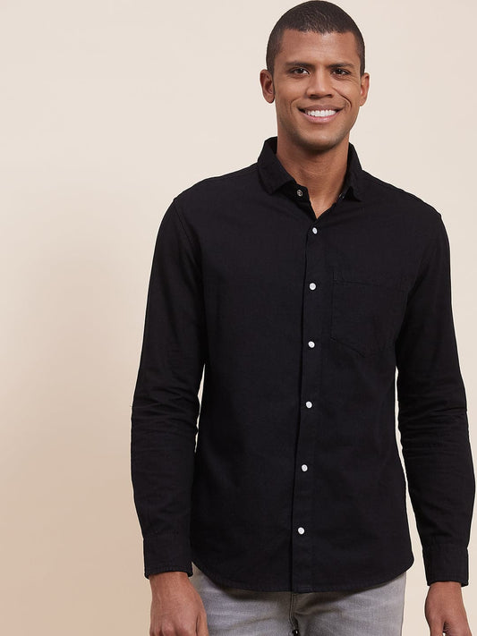 Men Black Tencel Elbow Patch Shirt